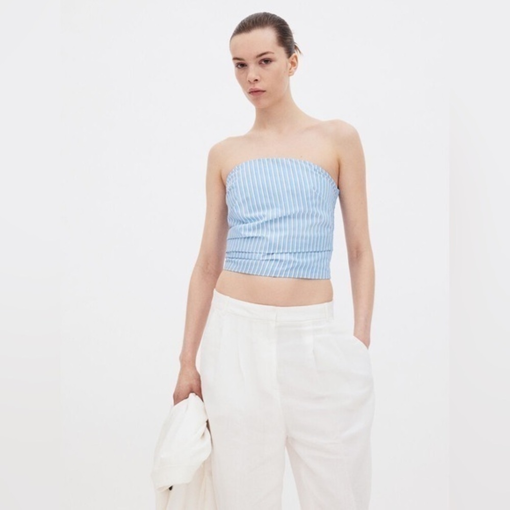 [H&M] Pleat-Detail Blue Stripe Fully Lined Smocked Back Side Zip Bandeau Top